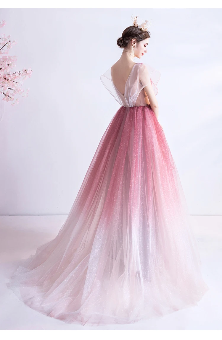 Pink Evening Dress A-line V-neck Sequins Tulle Long Formal Elegant 2020 New Party Dresses Gowns Vestido De Festa JK82 | Свадьбы и