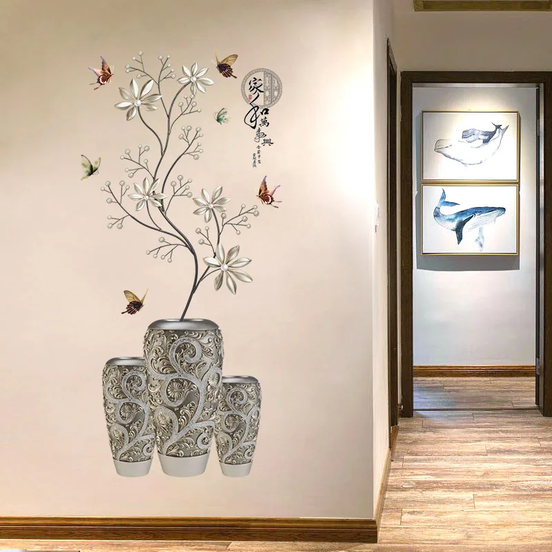 58*118cm Silver Vase Flower Wall Stickers Art Butterfly Tree Home Decor Vinyl DIY Decals Potted Plant Rooms Decoration | Дом и сад