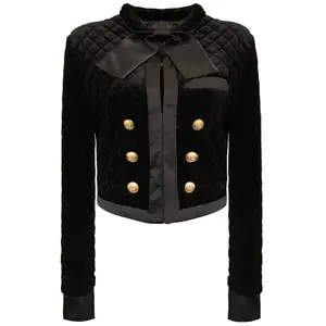 Винтажный Дворцовый стиль, хлопковая стеганая куртка, Женская двубортная бархатная короткая куртка с бантом