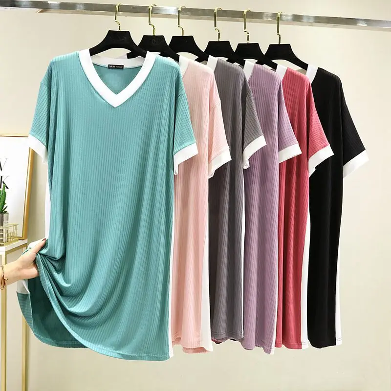 Spring Summer New Modal Nightdress Women's Short Sleeve Nightgown Large Medium Length Over The Knee Single Dress Nightwear