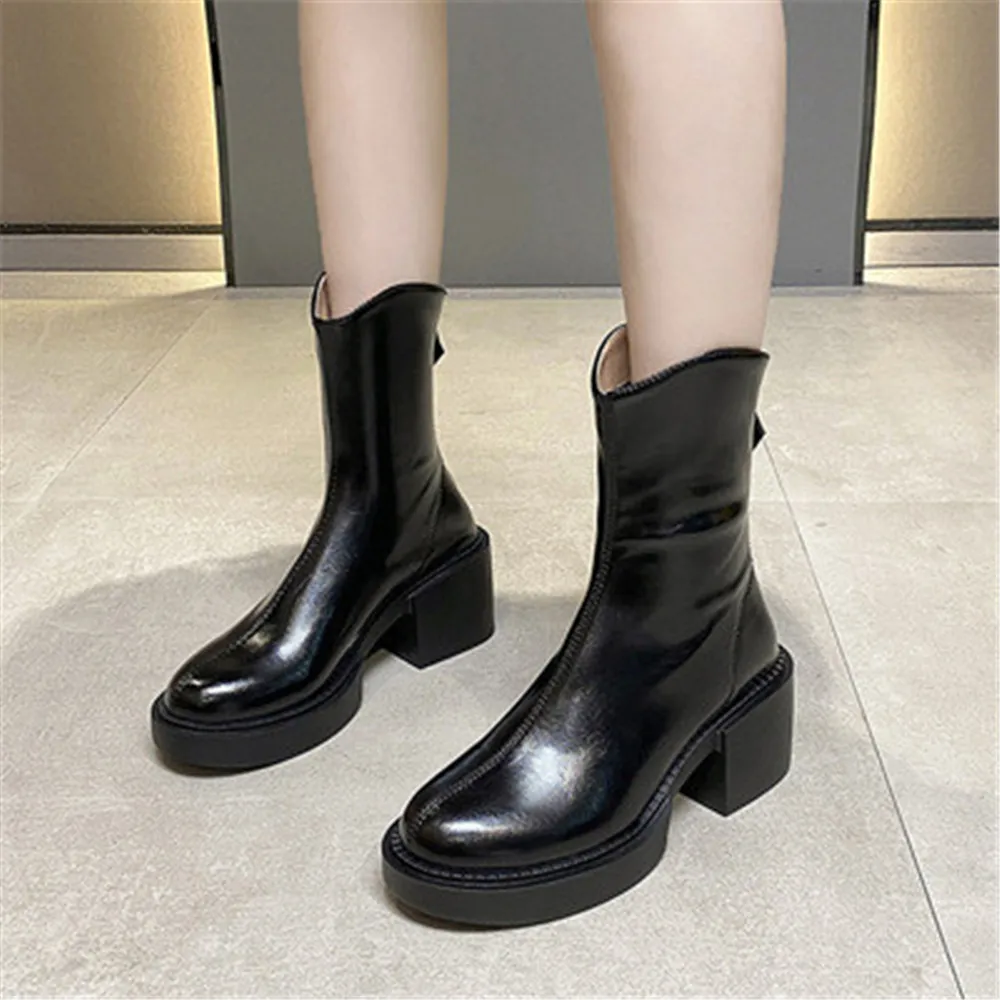 

Women Mid Calf Western Boots Cowboy Round Toe Thick Heel Back Zip Shoes Ladies Fashion Leather Motorcycle Booties Botas Mujer