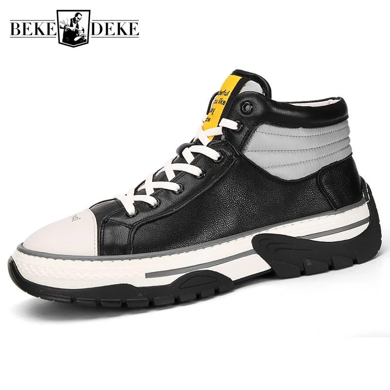 Кроссовки мужские из натуральной кожи высокие с перекрестной шнуровкой круглый