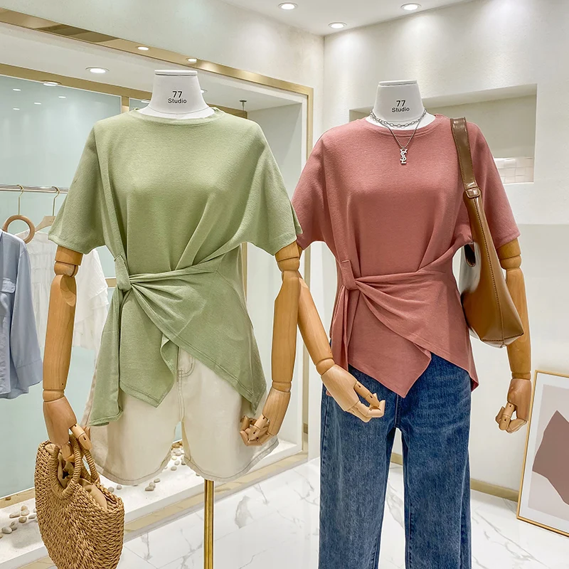 Простая хлопковая футболка женская летняя Асимметричная с коротким рукавом в