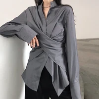 2022 fall lace up chiffon design shirt solid color lapel irregular shirts women long sleeve straight ruched slim blouses spring