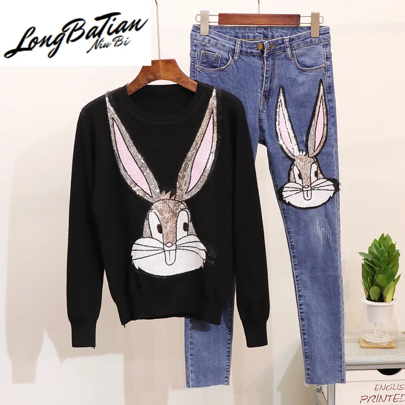 

Spring Autumn 2 Pieces Jeans Suit Sequin Cartoon knitted Sweater Denim Pants Set Women Long Sleeve Knit Tops Korean Ladies 2pcs