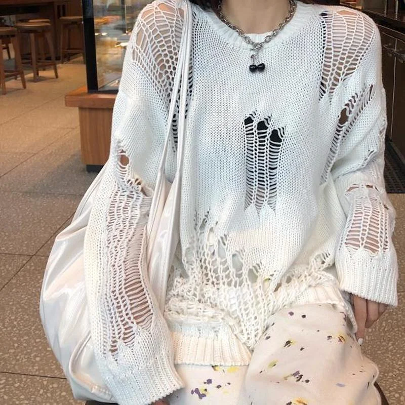 

Женский свитер с вырезами в готическом стиле, свободный трикотажный тонкий пуловер с длинным рукавом, в американском стиле 90-х