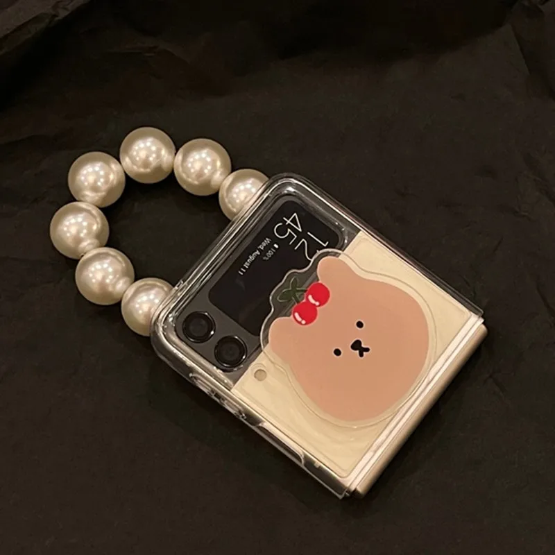 Fashion Folding Cute Holder Mobile Phone Cases for Samsung Galaxy Z Flip 3 5G Pearl Chain Cover For Z Flip 4 Z Flip 4G 5G Fundas