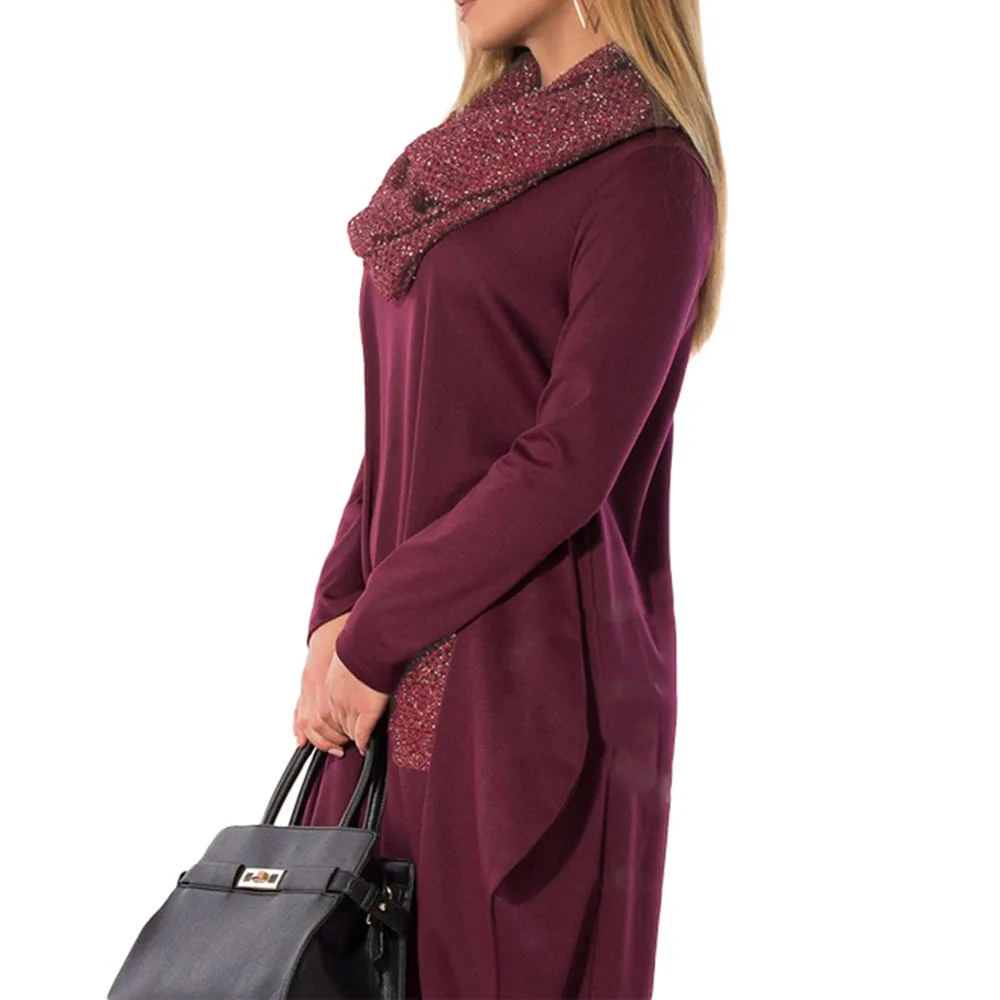 Женское Повседневное платье оверсайз на осень и зиму шарф с пайетками воротником