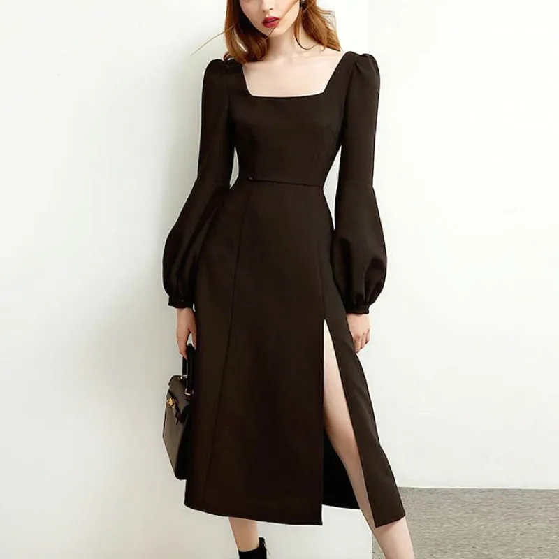 

Black Retro Split Dress Women Elegant Midi Designer Dress Female Long Sleeve Hepburn Style Chiffon Vintage Dress Fall 2021 Women