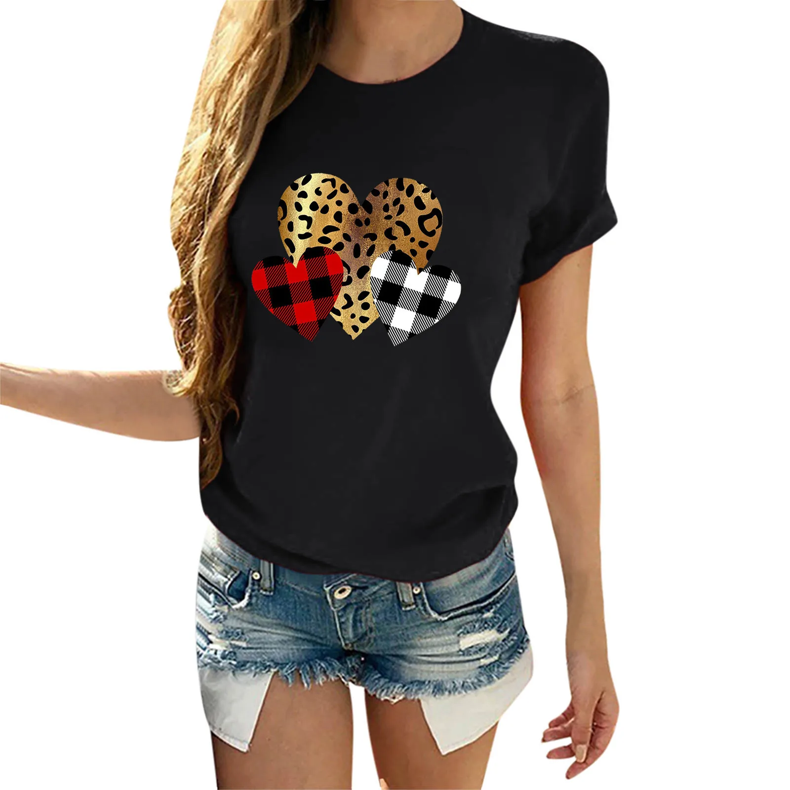

Женская футболка с леопардовым принтом в виде сердца для влюбленных пары, модная футболка в стиле Харадзюку Tumblr Kawaii, женская футболка Tumblr ун...