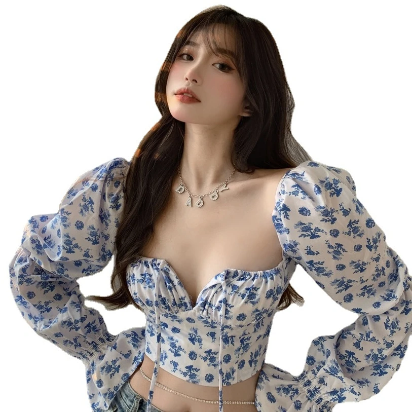 

Sexy Blue Flowers Printed Square Collar Shirts Summer Long Puff Sleeve Lace Up Slim Blouses Short Crop Tops Blusas Mujer 2021