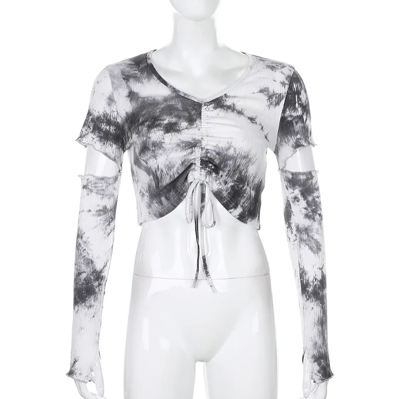 

Winter Style Fashion T-Shirt 2020 Sexy Fashion Long Sleeve V Neck Tie-dye Drawstring Hollow Out High Street Women T-Shirt