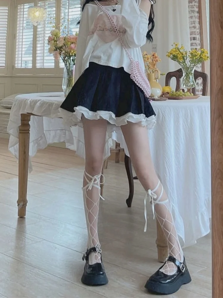 Осенняя японская Милая женская юбка Y2K Kawaii кружевная с высокой талией в стиле