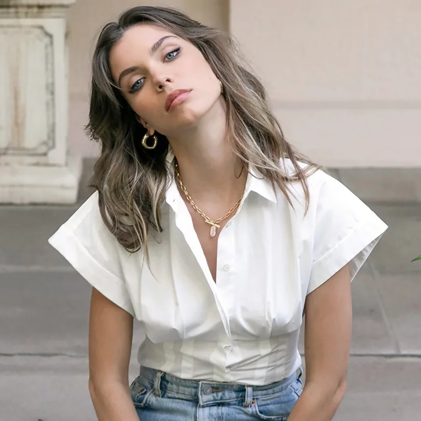 

Женская блузка с коротким рукавом летучая мышь, приталенная белая блузка с коротким рукавом в английском стиле, весна-лето 2021