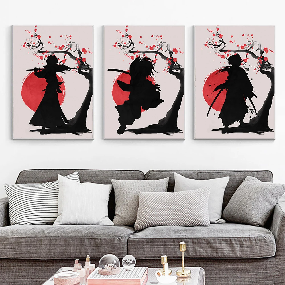 

Japan Samurai Shillouette Canvas Painting Abstract Red Sun Plum Tree Posters Retro Prints Wall Picture Boy Room Kids Home Decor