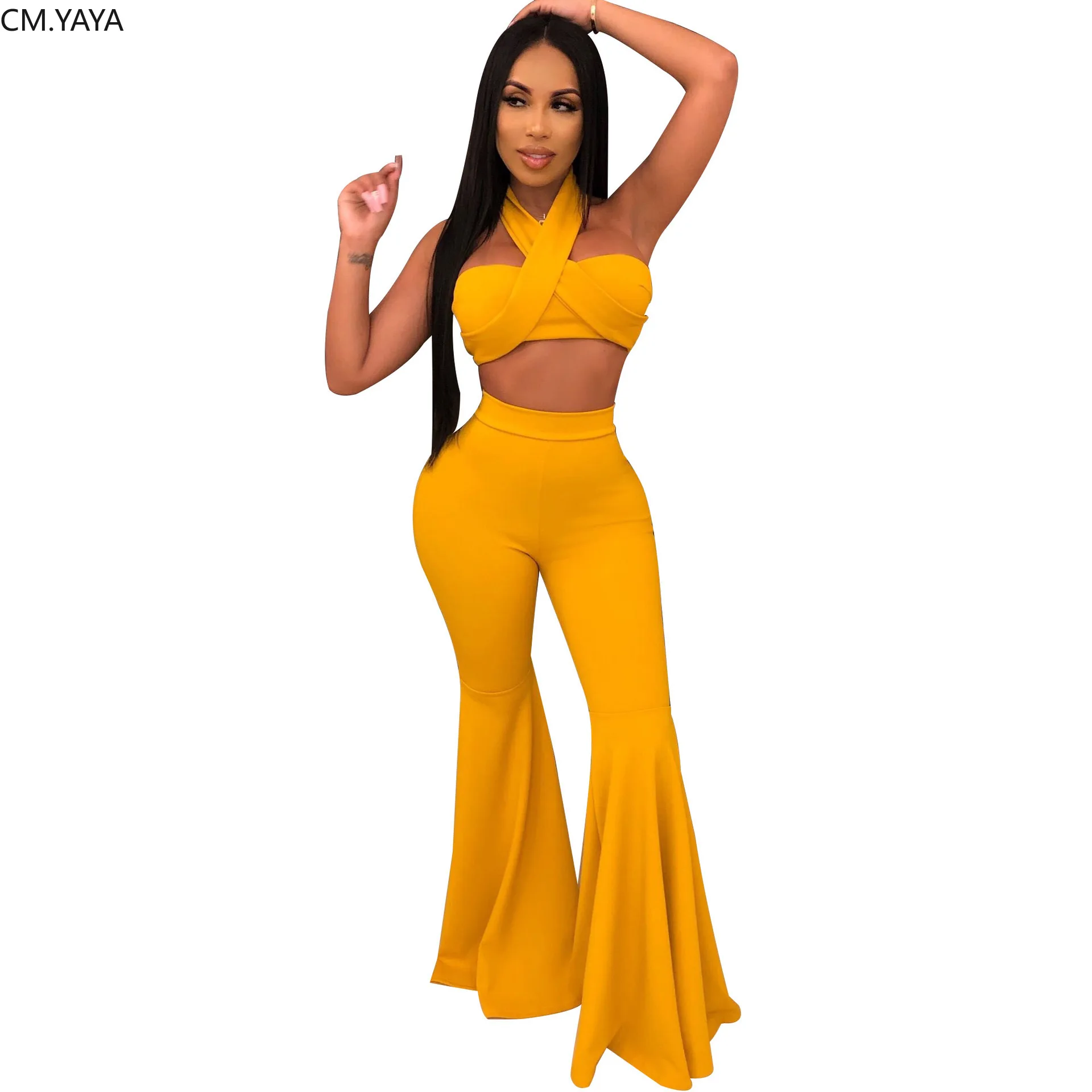 Осенний женский укороченный топ с лямкой на шее и расклешенные длинные штаны