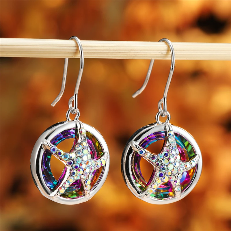 

Boho Female Round Rainbow Zircon Earrings Dainty Silver Color Wedding Earrings Cute Crystal Sea Star Dangle Earrings For Women