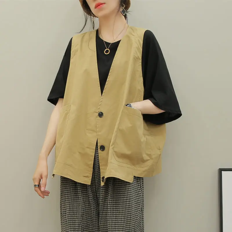 

Жилет женский свободный с большими карманами, хлопковый тонкий Простой жакет без рукавов, большие размеры, aq1194, лето 2021