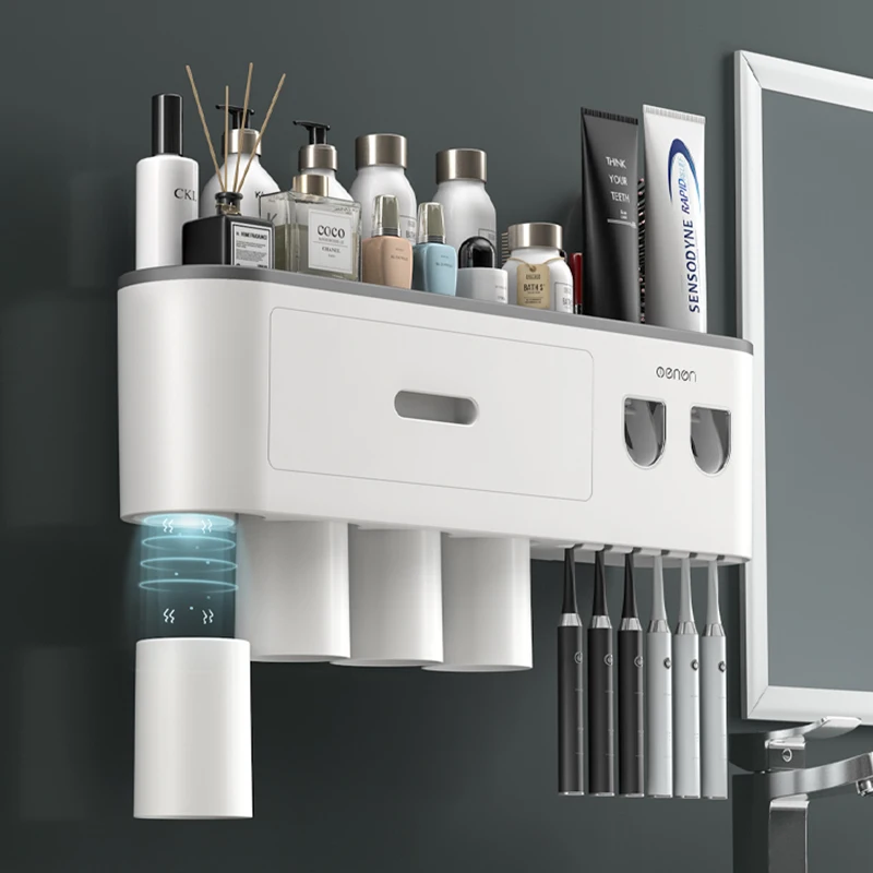 Dispensador autom&aacute;tico doble de pasta de dientes, dispensador de pasta dental con taza invertida de adsorci&oacute;n magn&eacute;tica, soporte para cepillo de dientes, estante de almacenamiento para Ba&ntilde;o-1