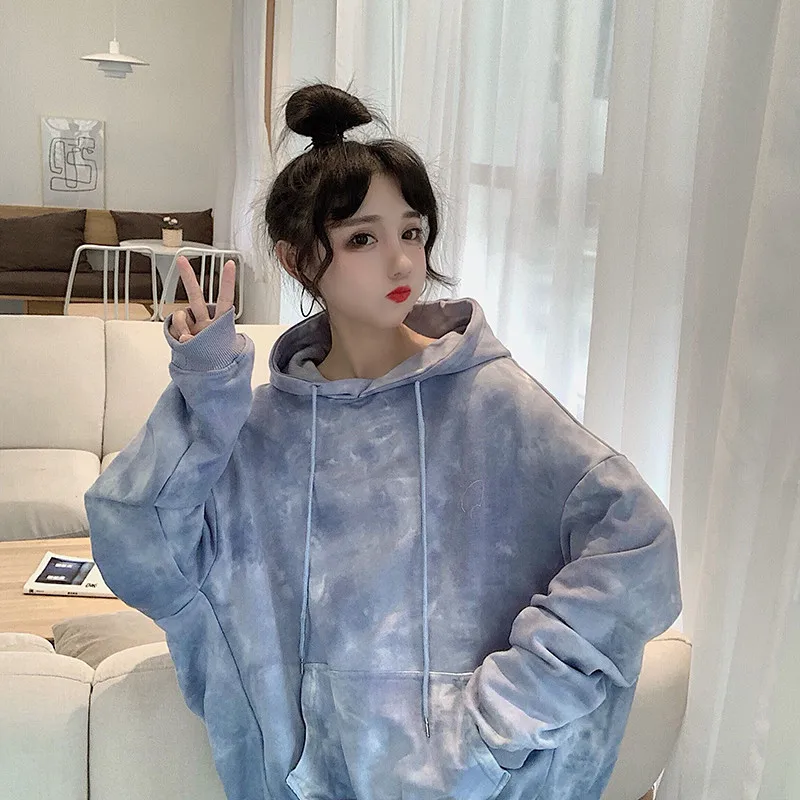 Корейские уличные милые синие толстовки KPOP галстук окрашенные Свободные Harajuku пуловер Tumblr Kawaii с длинными рукавами розовый свитер с капюшоном
