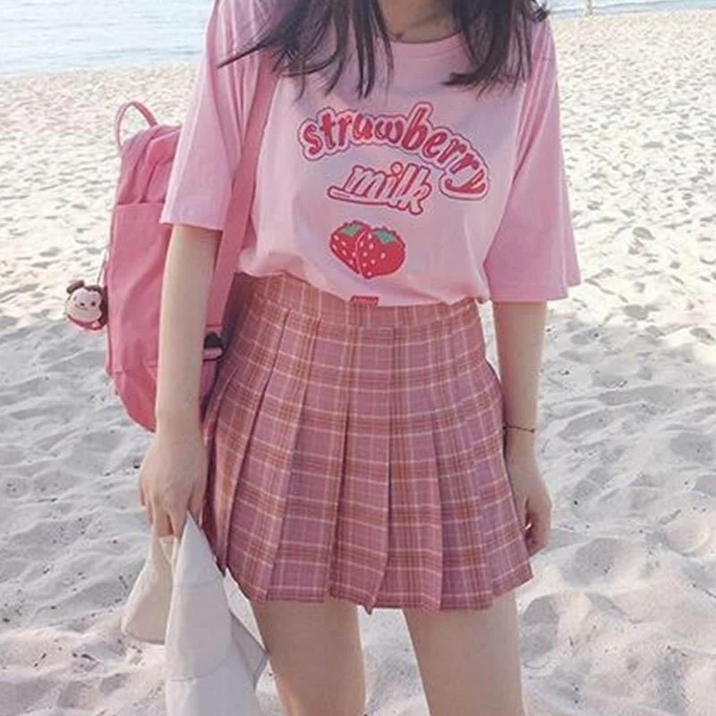 Kawaii/футболка в Корейском стиле с клубничным молоком летняя модная розовая