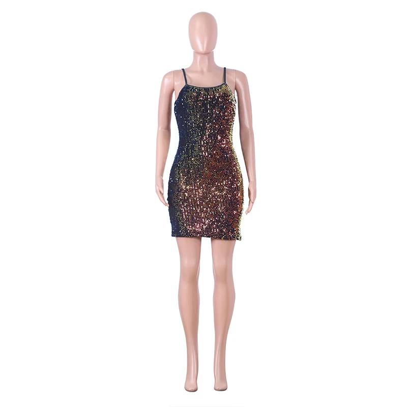 Sexy Spaghetti Straps Sequin Dress Party Slinky Bodycon Mini Dresses Woman Night Backless Plus Size 2XL | Женская одежда