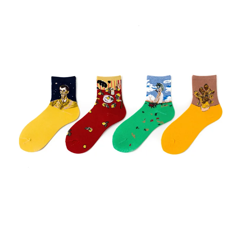 4 Pairs/lot Van Gogh Art Oil Paint Cotton Socks Cartoon Streetwear Kawaii Short Socks Happy Women Warm Funny Cute Socks