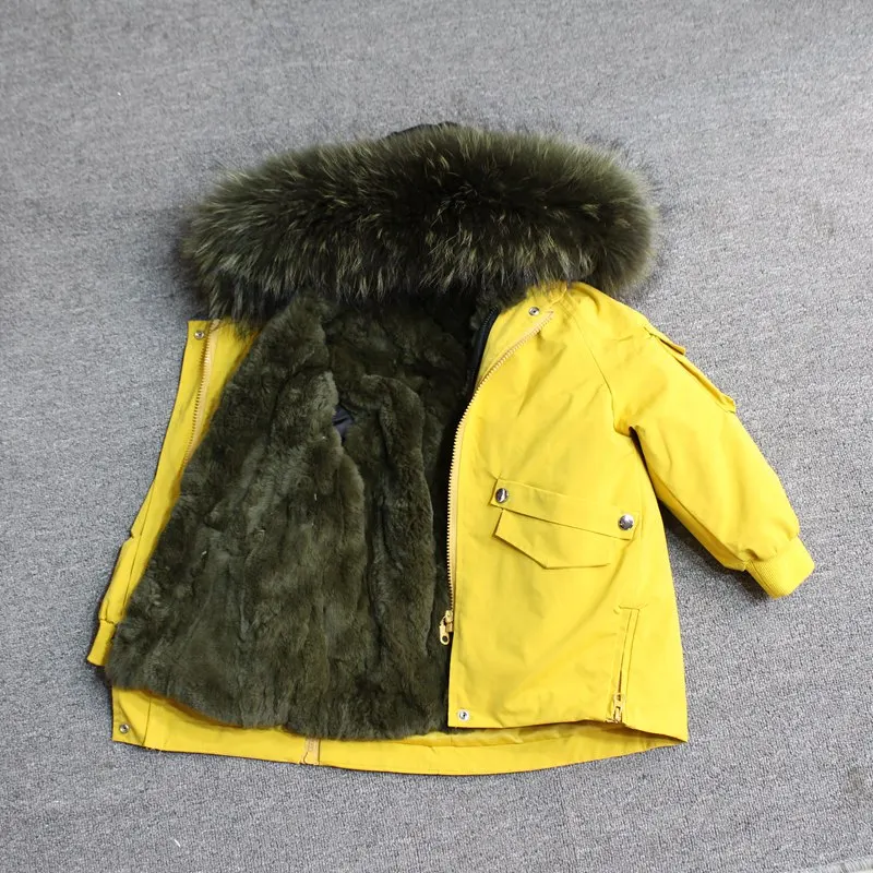 yellow army green Для маленьких мальчиков детская зимняя куртка, детская куртка-пуховик для девочек зимняя куртка для детей в Зимняя куртка для девочек и мальчиков детские линией натурального меха кролика, парка, пальто - Цвет: yellow army green