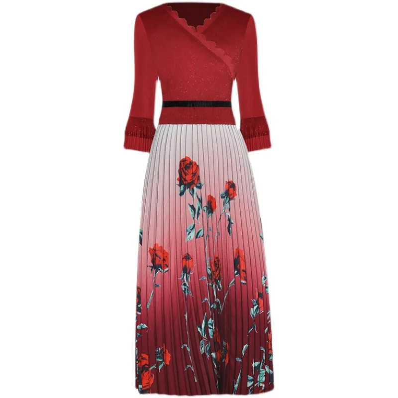 

ladies Party dresses womens clothing 2021 designer Runway Elegant Mid-Length V-Neck Knitting Splicing Floral print Pleated Dress