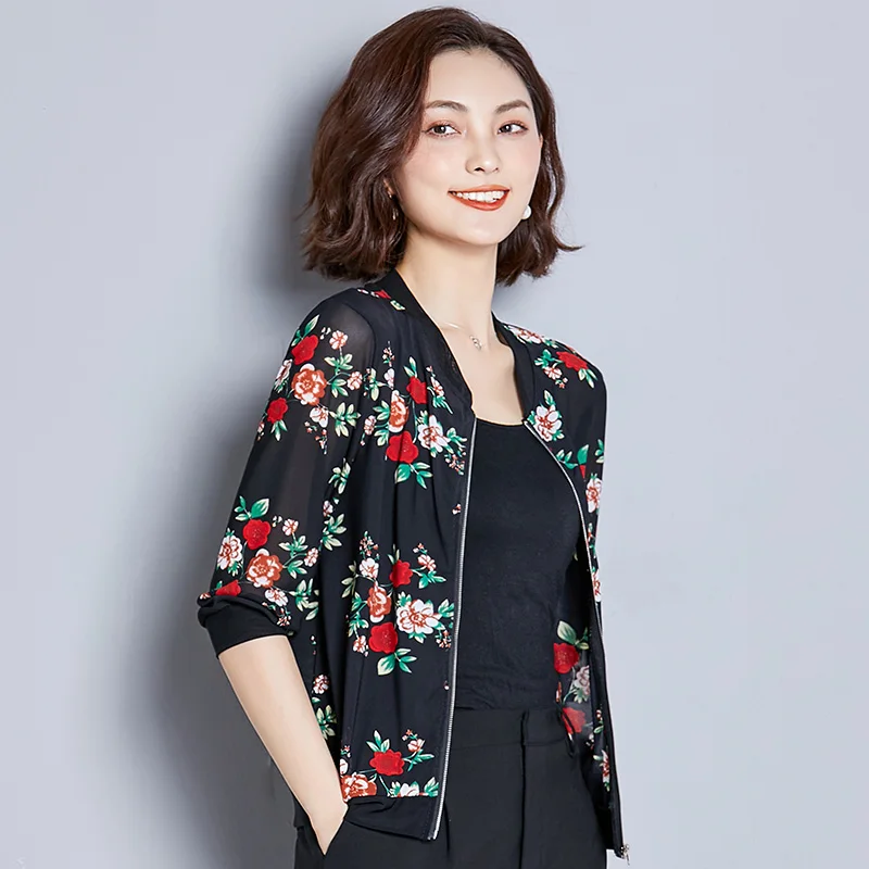 Flowers Print Black Женские куртки, большие размеры, короткие женские пальто на молнии, 3/4 рукав, в горошек с цветочным принтом, леопардовые весенне-осенние пальто, женская куртка-бомбер - Цвет: Flowers Print Black