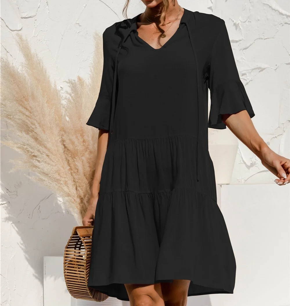 

Flower frilly print dressed in summer 2021 casual new v-neck midi sleeve dressed for women beach holidays dressed