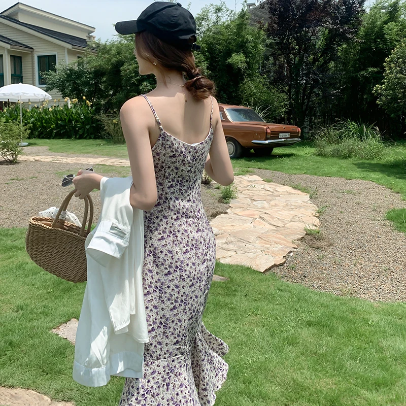 

Women Long Floral Slim Slip Dress Sundress Summer 2021 Runway Elegant Boho Vintage Korean Fairy Casual Vacation Party Vestidos