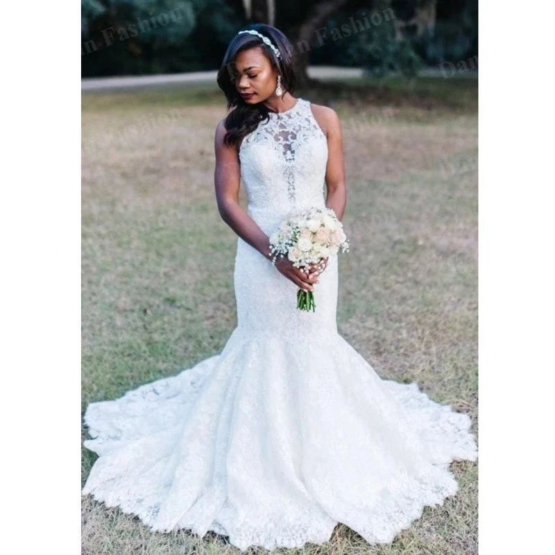 

African Style O-Neck Mermaid Wedding Dresses Lace Appliques Sleeveless Custom Slim Trumpet Long Garden Bridal Gowns