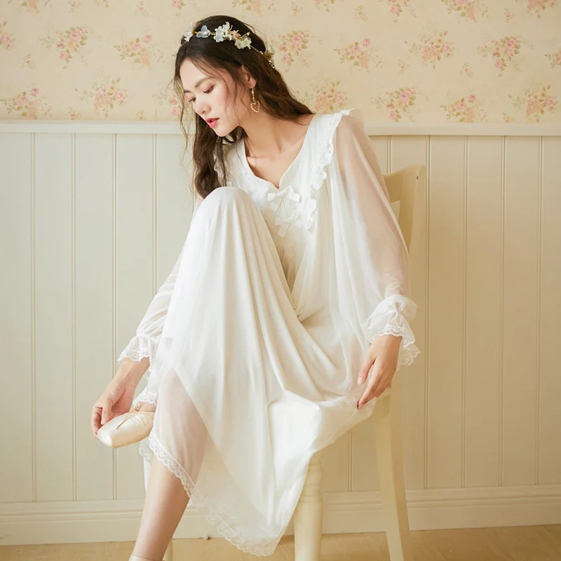 Sexy Women Long Dress Lace Nightgowns Vintage Palace Style Nightwear Sleeve Sleepwear Nightdress Autumn Lingerie