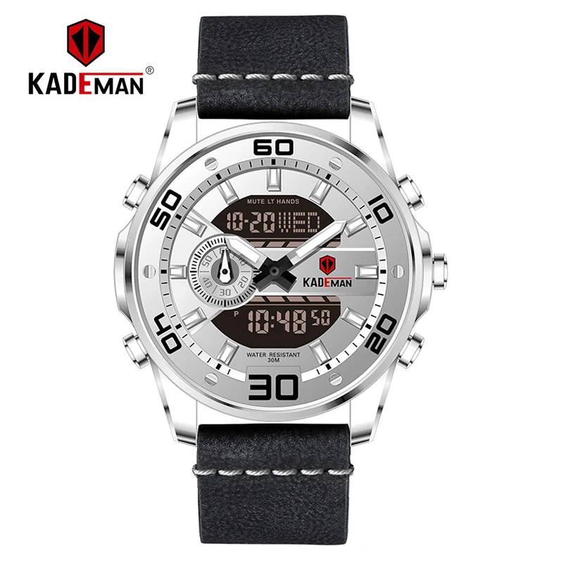 6156G-S-W-B KADEMAN новые спортивные часы для мужчин Роскошные мировое время повседневные кожаные часы 3ATM светодиодный дисплей наручные часы Лидирующий бренд военные часы Relogio - Цвет: 6156G-S-W-B