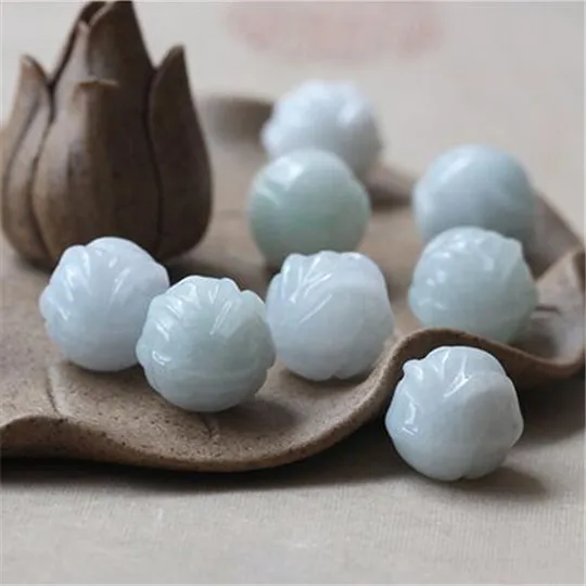 10PC Natural jade Emerald Lotus flower 10mm Bead Accessories DIY Bangle Charm Jewellery Fashion Hand-Carved Luck Amulet