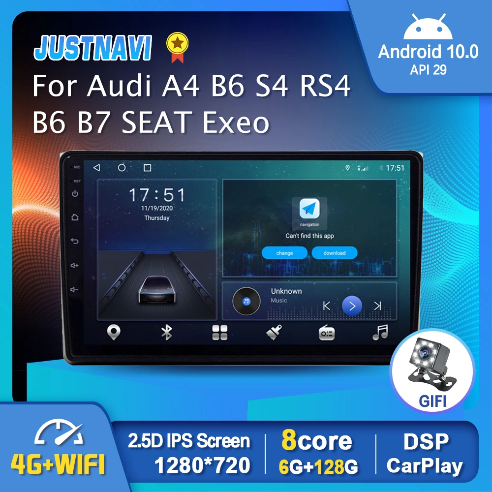 

JUSTNAVI 6G 128G Stereo For Audi A4 B6 S4 RS4 B6 B7 SEAT Exeo 2002-2008 BT Multimedia Video Player Carplay Navi GPS No 2 Din DVD