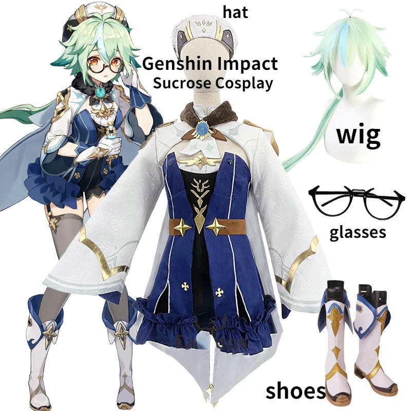 

Anime Genshin Impact Sucrose Cosplay Costume Saccharose Wigs Shoes Suit Dress Uniform Halloween Party Outfit for Women