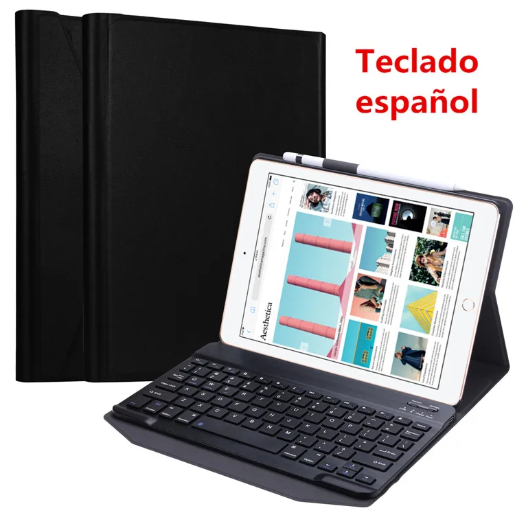 black-keyboard Испанская клавиатура для iPad 6th 9,7 чехол ультра тонкий смарт-чехол для iPad Air 1/2 Pro 9,7 чехол испанская клавиатура - Цвет: black-keyboard