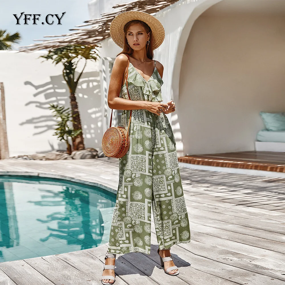 Women Fashion Print backless Bohemian Jumpsuits Summer Sexy Ruffles V Neck Straped Casual Beach holiday Party Playsuit Rompers