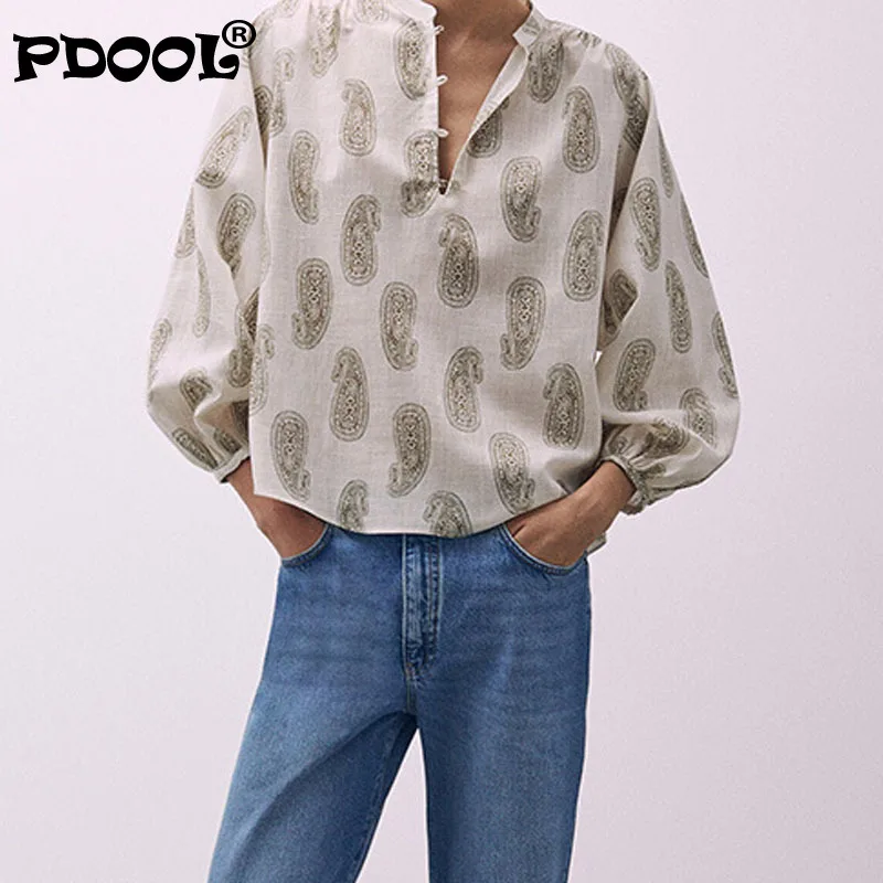 

2021 Autumn European and American Style Paisley Pattern Basic Women's Single Breasted Casual Long Sleeve Round Neck Loose Shirt