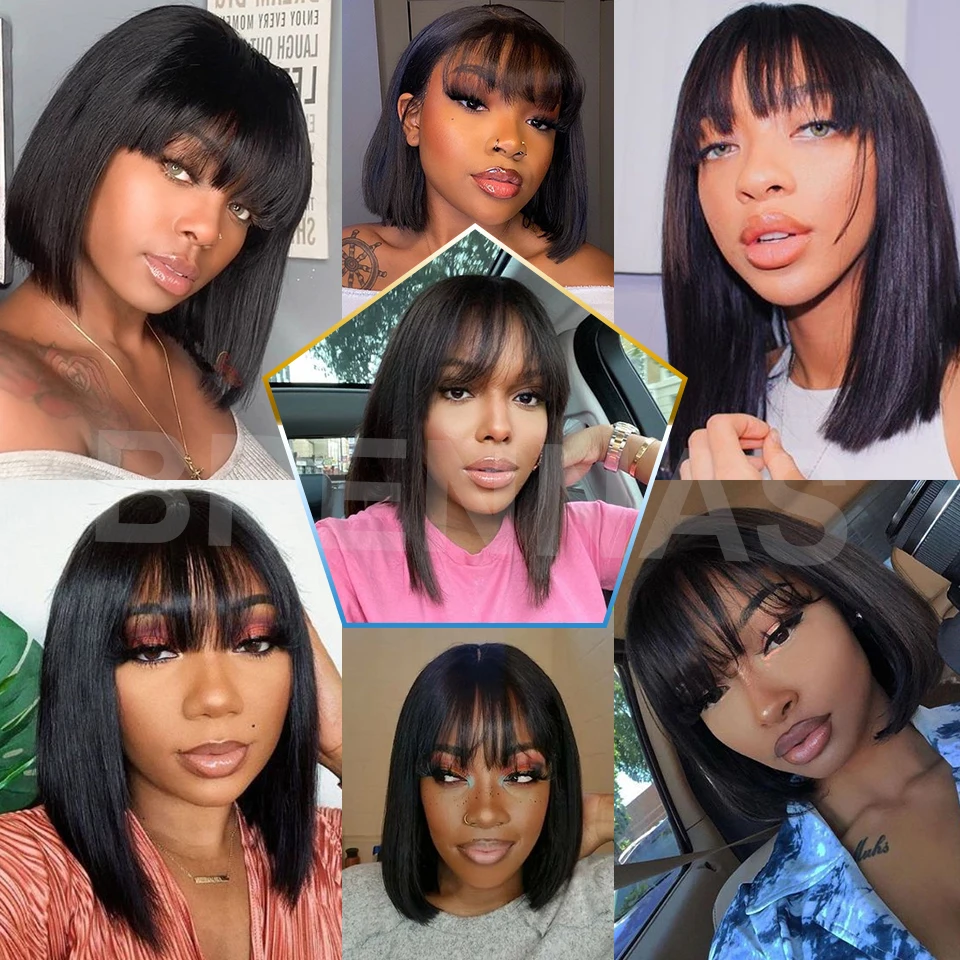 

Short Bob Wig With Bangs Straight Brazilian Hair Wigs For Women Human Hair Glueless Full Machine Made Cheap Human Hair Wigs