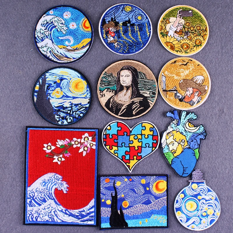 

Embroidered Patch Van Gogh Patches On Clothes DIY Sea Wave Adventure Natural Clothing Stripes Iron On Patches For Clothes Decor