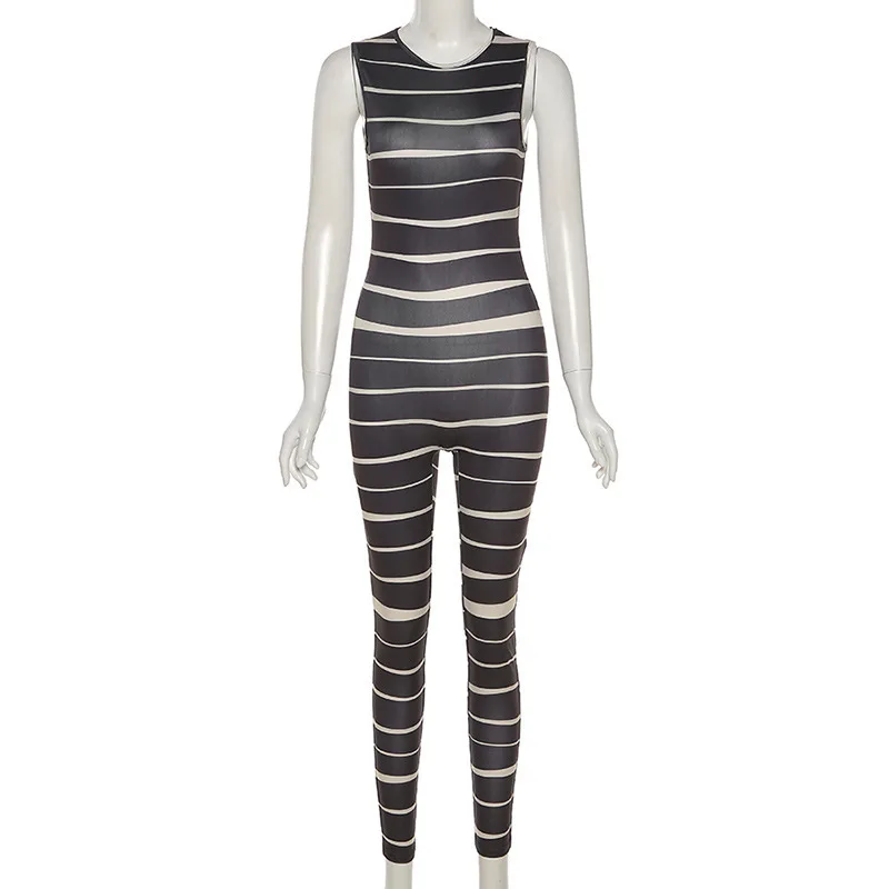 

Sibybo Black Sleeveless Striped Jumpsuit Women Summer O-Neck High Street Sexy Jumpsuit Clubwear Casual Femme Fitness Overalls