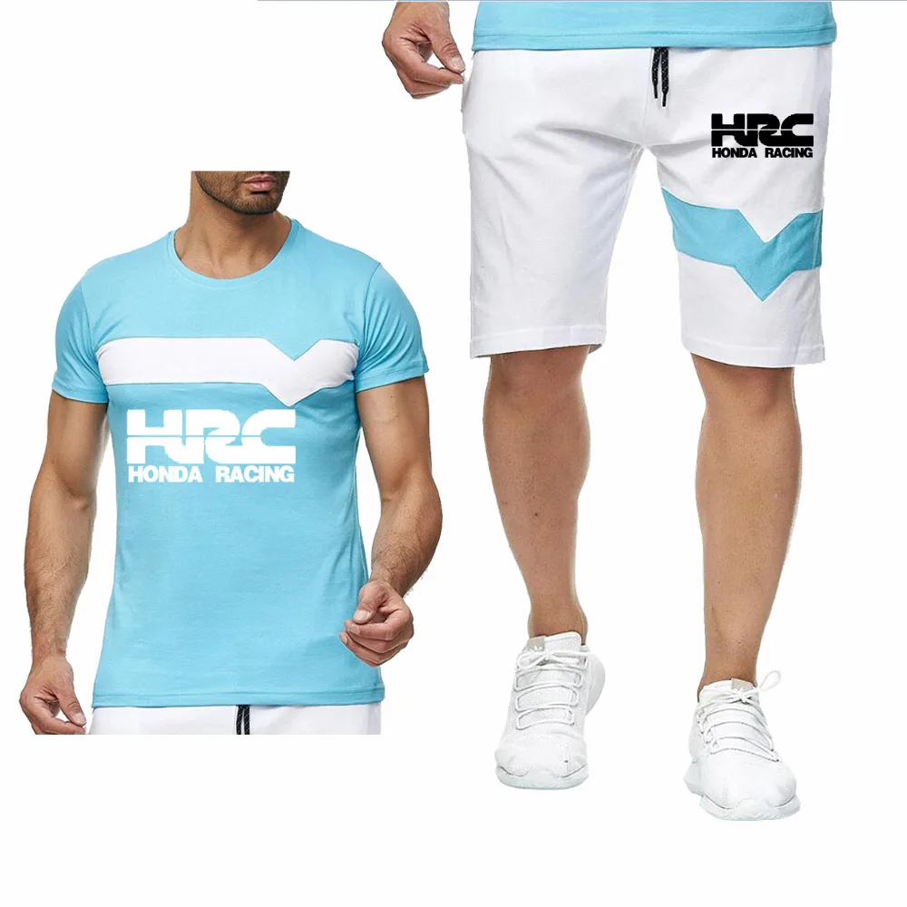 

2020 Summer New Men T-Shirts HRC race motorcycle Car Logo Printed Colorblock Casual Cotton Men's T-shirt+shorts suit 2pcs