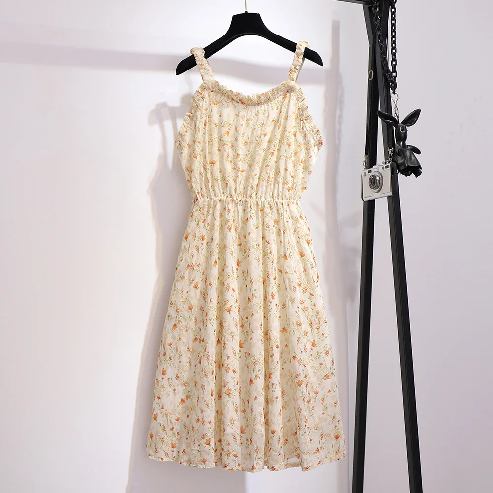 Платье женское средней длины на бретелях размера плюс свободного кроя без