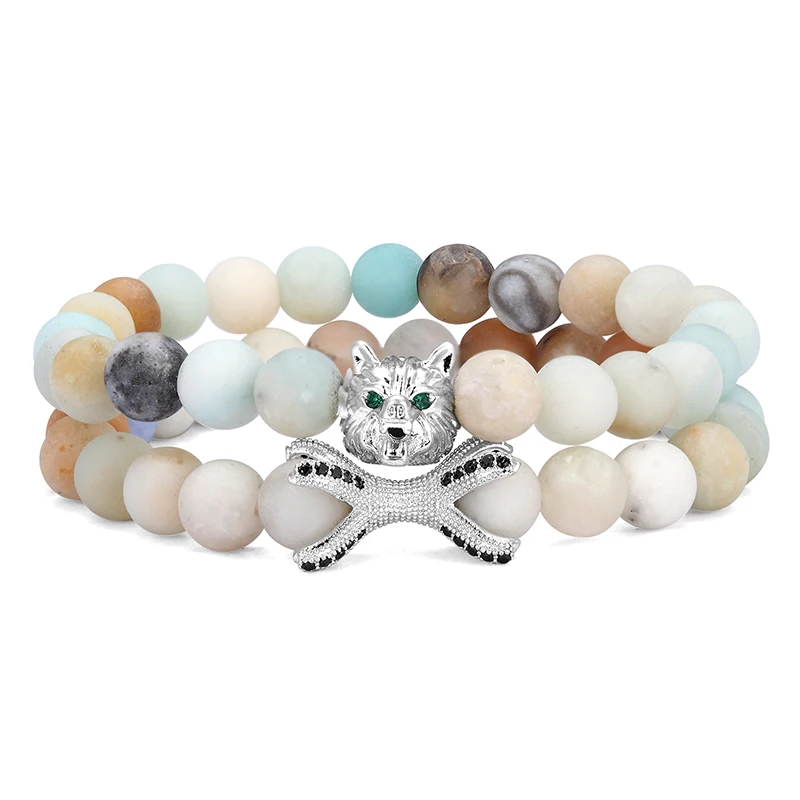 2 pieces / set of new fashion Cz wolf head men's bracelet charm natural stone beaded cuff jewelry gift | Украшения и