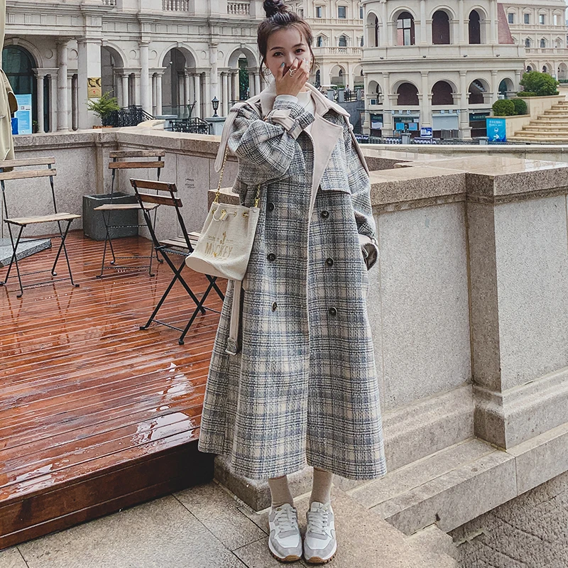 

Женское шерстяное пальто, новинка зимы 2021, клетчатая свободная двубортная модная женская куртка в Корейском стиле с подкладкой под колено и...