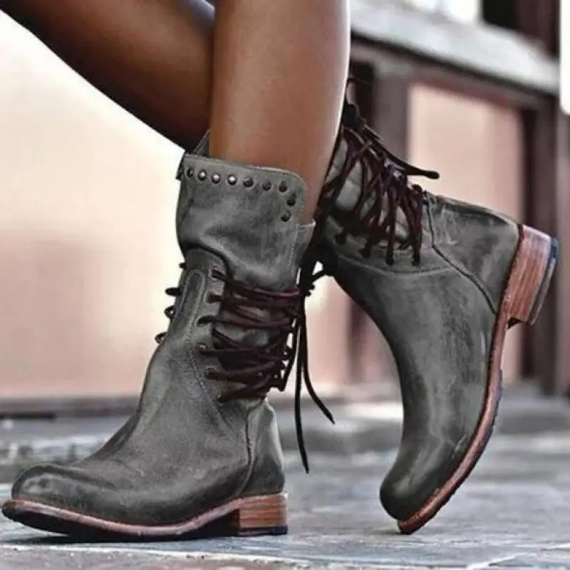 New Retro Woman Shoes Pu Leather Winter Boots Women Fashion Vintage Rivets Round Toe Lace-Up Mid-calf Zipper Boots 43
