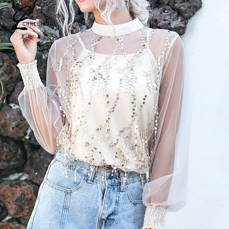 Кружевная блузка для женщин двухслойная рубашка модная блуза с рукавами